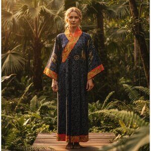 J Peterman Company Imperial Dragon Kimono Dress Faux Wrap Cotton Blue Print S/M